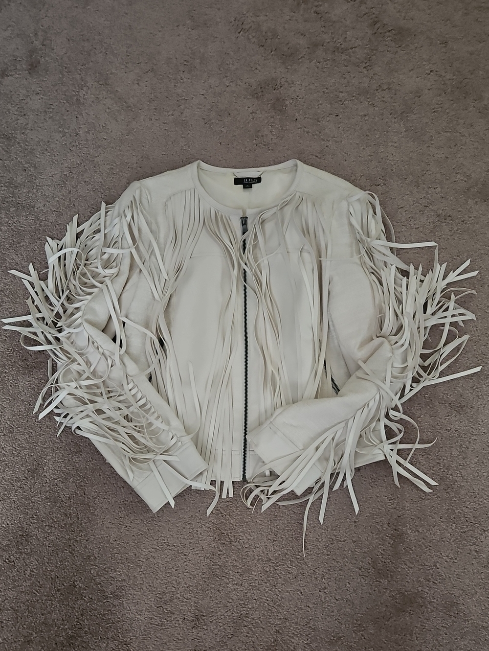 a.n.a Cream Fringe Leather Jacket with Front Zip